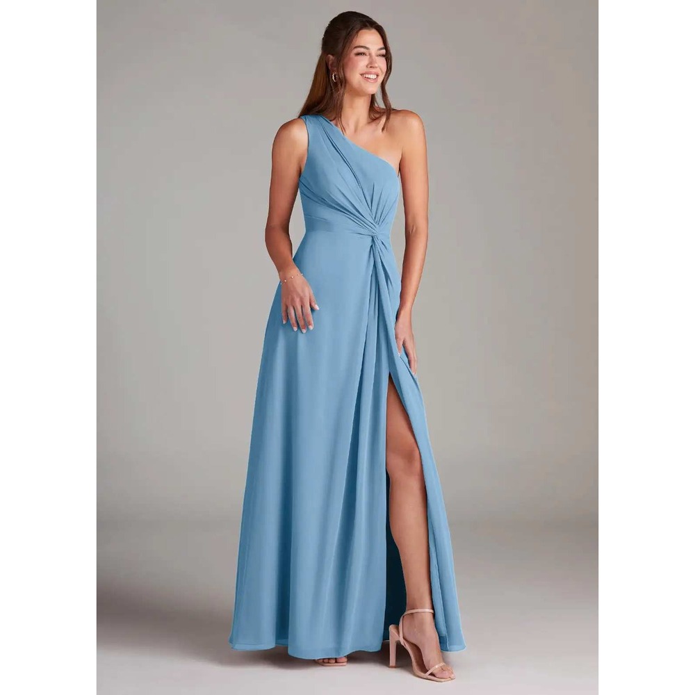Azazie Brooke Steel Blue A-Line One Shoulder Chiffon Dress A14